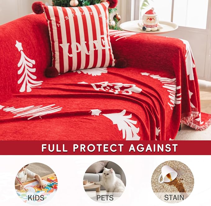 hyha Couch Cover for Dogs, Boho Chenille Sofa Cover for 3 Cushion Couch | Anti-Scratch Washable Sofa Slipcover, Loveseat Sectional Couch Blankets with Tassels (Red Christmas Tree, 88.5x134 Inch) - Image 3
