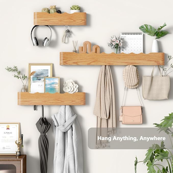 Wooden Wall Mounted Coat Rack with Shelf and Hidden Metal Hooks | Entryway Organizer For Coats, Bags And Keys, Modern Floating Shelf For Hallway And Bathroom Use - Image 5