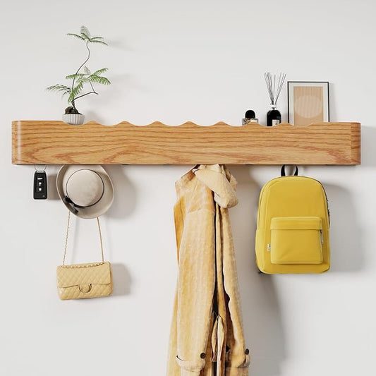 Coat Rack Wall Mount with Shelf 8 Hidden Hooks Modern Wooden Key Holder Entryway Organizer for Hallway Bedroom Bathroom Home Decor Storage for Hanging Coats Hats Bags Towels, Wave-Shape Oak by Jadoxy