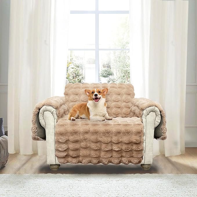Plush and Fuzzy Shaggy Couch Cover, Dog Pad Faux Fur Sofa Cover, Water Resistant Slipcover, Non-Slip Furniture Protector for Kids,Dogs,Cats.(Light Brown-Bubble, Small-XL Chair) - Image 2
