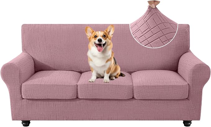CYCMCAO 4 Piece Stretch Sofa Covers for 3 Cushion Couch, Non Slip Couch Covers for Sofa, Sofa Covers for Pets Washable, Couch Covers for Dogs,Kids (Pink), 71"-91" (3 Cushion Sofa) by CYCMACOHOME