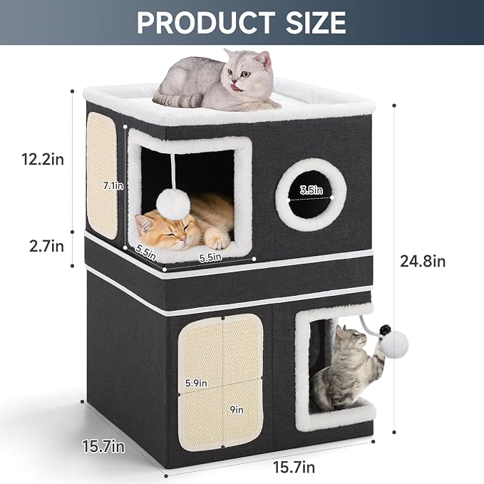 Shikha 2 Story Cat House beds for Indoor Cats with Scratch Pads Black | 2 in 1 Dual Use Double Cat Bed Cave for Multiple Pets Kitten, Elevated Perch for a Wide View, All Season Reversible Cushion - Image 3