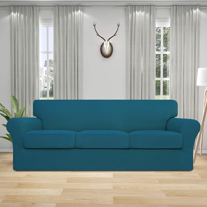 Easy-Going 4 Pieces Stretch Couch Cover Sofa Cover for Dogs Washable Sofa Slipcover for 3 Separate Cushion Couch Spandex Jacquard Fabric Elastic Furniture Protector for Pets, Kids(Peacock Blue, Sofa) - Image 2