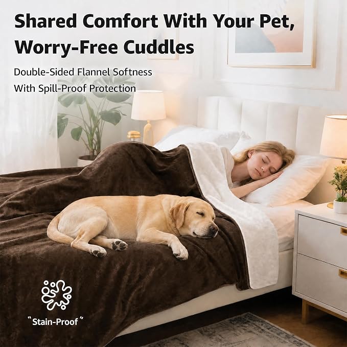 LOOBANI Waterproof Blanket for Bed Intimacy Queen Size 80"x90", Coffee | Double-Side Leak-proof Cozy Flannel, Reversible, Stain-Proof Cover for Rest Movie Time, Furniture Protection, Large Dogs - Image 2