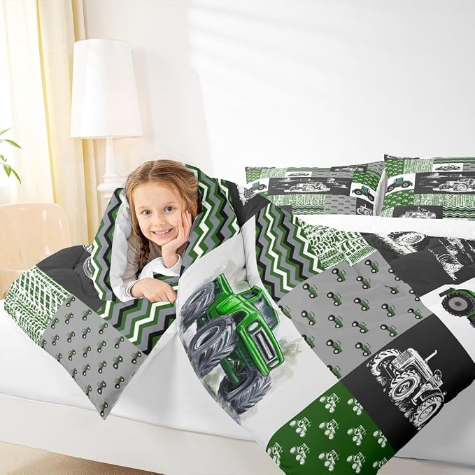 Erosebridal Green Tractor Comforter Set Full Size Farm Vehicle Truck Bedding Set Cartoon Equipment Construction Harvester Down Comforter for Kids Boys Car Bedroom Decor with 2 Pillowcases, Grey - Image 5