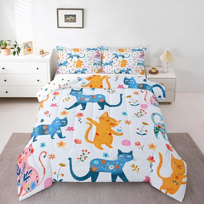 Feelyou Cute Cat Flower Bedding Set Soft for Boys Girls, Cartoon Floral Kawaii Comforter Set Twin Size Funny Cats Animals Duvet Quilt Microfiber Rainbow Printed Bedroom Decor 2 Pcs with 1 Pillow Cases by Feelyou