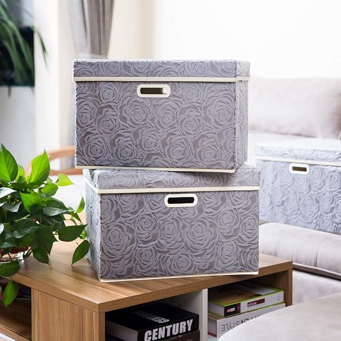 PRANDOM Larger Collapsible Storage Box with Lid [1-Pack] Fabric Decorative Storage Bin Cube Organizer Container Basket with Cover Handles for Bedroom Closet Living Room Gray 17.7x11.8x11.8 Inch - Image 2