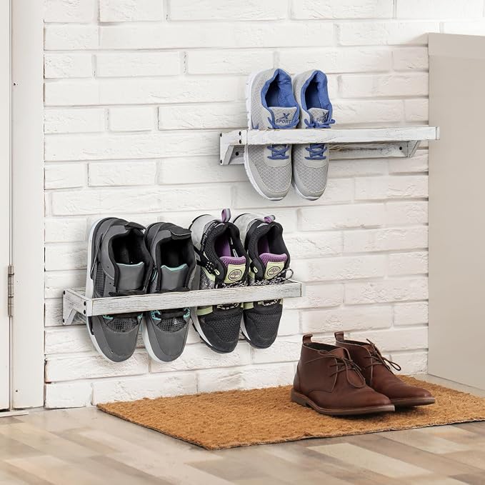 MyGift Set of 4 Shabby White Washed Solid Wood Hanging Shoe Storage Organizer Racks, Wall Mounted Space Saving Footwear Holder for Closet, Mudroom, Entryway, Holds 8 Pairs - Image 7