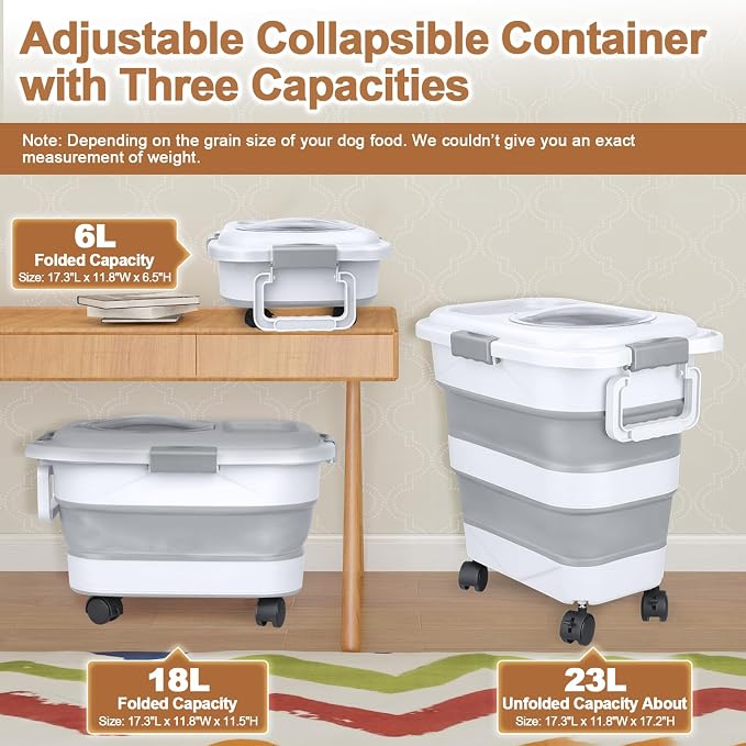 Dog Food Storage Container，10-25 lbs Airtight Collapsible Cat Food Storage Container with Attachable Wheels, Portable Handle, Dog Food Scoop for Dog Cat Bird Pet Dry Food Storage Bin Light Grey - Image 2