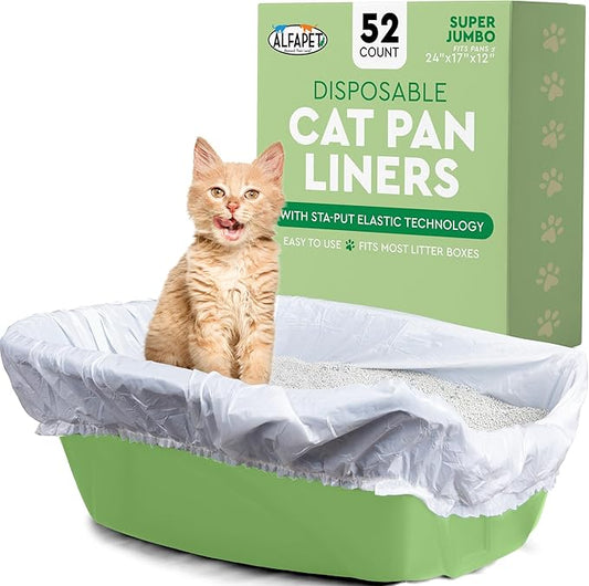 Litter Box Liners heavy duty,Alfapet elastic 52 Pack-For Extra-Giant, jumbo, super-jumbo Size litter Pans- With Sta-Put Technology for Firm, Easy Fit- Quick + Clever Waste Cleaners by Alfapet
