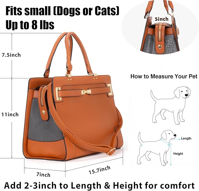 Fashion Pet Carrier Dog Cat Carrier Purse Soft-Sided Leather Handbag Pet Tote Bag for Small Dogs Puppy and Cats TSA Airline Approved (Brown)