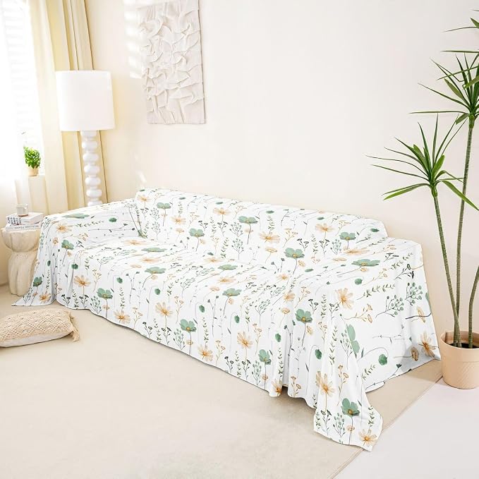 Erosebridal Watercolor Floral Sofa Cover Sage Green Beige Flower Couch Cover Modern Minimalist White Sofa Protector 71" X 134" Rustic Farmhouse Washable Non Slip Couch Protector for Pet Cats Kids - Image 2