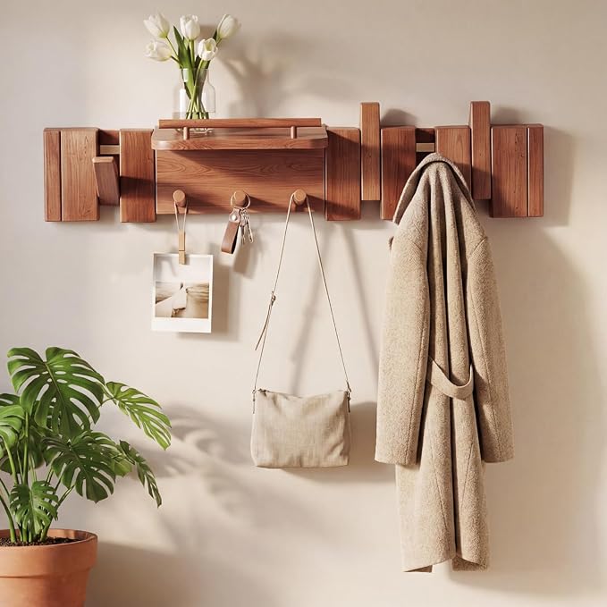 Mid Century Modern Wood Coat Rack Wall Mount with Shelf, 7 Hooks, Walnut | Wood and metal wall rack with fold-down piano-key hooks and display shelf organizes coats, bags, keys and decor up to 25 lb. - Image 4