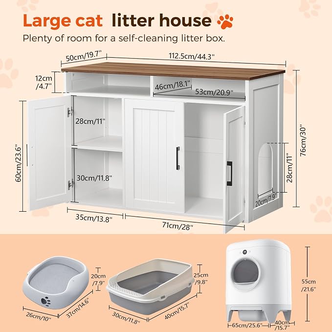 MAHANCRIS Cat Litter Box Enclosure for Self Cleaning Litter Boxes, Large Hidden Litter Box Furniture with Shelves, Wooden Cat Washroom Storage Cabinet, Automatic Litter Box Enclosure, White CWBZ3001 - Image 4