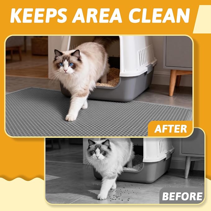 Pieviev Cat Litter Box Mat, Double-Layer Urineproof Design, 47" x 36" Gray | Honeycomb Litter Trapping Mat Captures Scattered Particles to Stop Tracking, Waterproof Base Protects Floors, Easy to Clean - Image 5