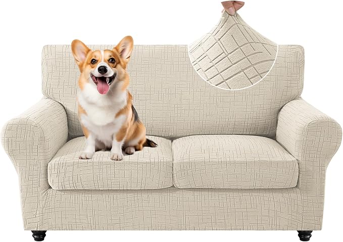 CYCMCAO 3 Piece Stretch Sofa Cover Couch Covers for 2 Cushion Couch, Loveseat Covers Stay in Place, Sofa Covers Washable with Elastic Bottom for Dogs (Beige), 71"-91" (2 Cushion Sofa) by CYCMACOHOME