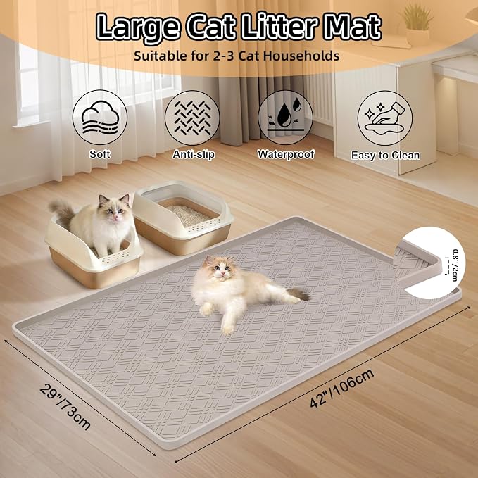 Silicone Cat Litter Mat 42" x 29" Cat Mat for Litter Box, Khaki | Extra Large Cat Litter Trapping Mat for Floor, Waterproof, Non-Slip Kitty Litter Box Mat with Raised Edge, Easy to Clean - Image 2