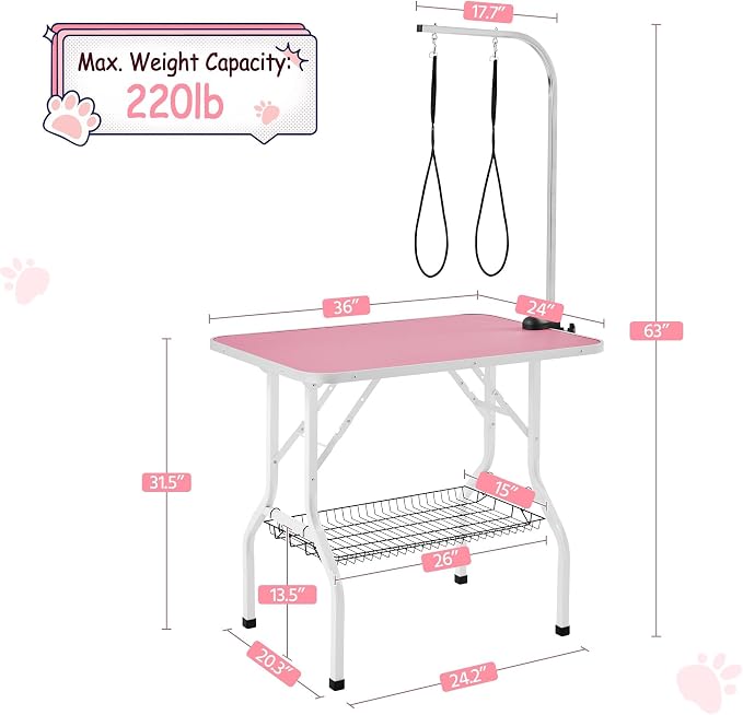 Yaheetech 36'' Dog Grooming Table, Adjustable Pet Foldable Grooming Table w/Double Loops/Mesh Tray Maximum Capacity Up to 220lbs, Pink - Image 3