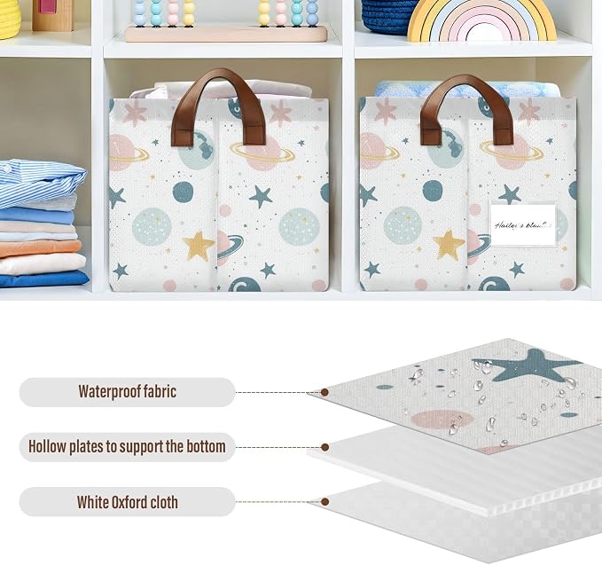 Cute Celestial Stars and Planet Baby Storage Basket with Labels&Handles Rectangular Waterproof Nursery Storage Bins Collapsible Shelf Organizer Baskets for Kids Books Cloth Gift Toys Laundry - Image 5