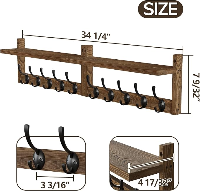 AMBIRD 34.2 inch Wooden Extra-Long Wall Hook Rack with Shelf - Versatile and Decorative Wall-Mounted Storage - 10 Hooks for Hanging Coats, Hats, Scarves - Ideal for Entryways, Bedrooms, Closets - Image 6