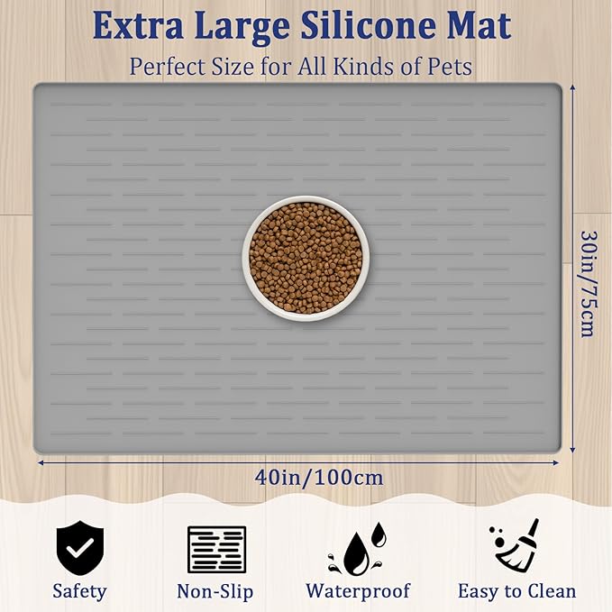 40"x30" XXL Silicone Dog Feeding Mat, 1.5MM Extra Thick Dog Bowl Mat for Food and Water, Large Non-Slip Placemat with High Edges for Dogs Bowls, Easy to Clean, Beige - Image 2