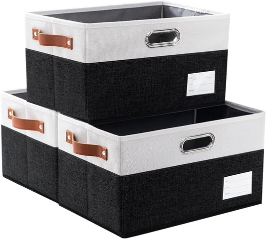 PRANDOM Larger Foldable Storage Bins with Handles [3-Pack] Fabric Collapsible Storage Boxes Baskets Cubes Containers with Handles for Closet Living Room Bedroom (Black & White 17.3x12.2x10.4') by Prandom