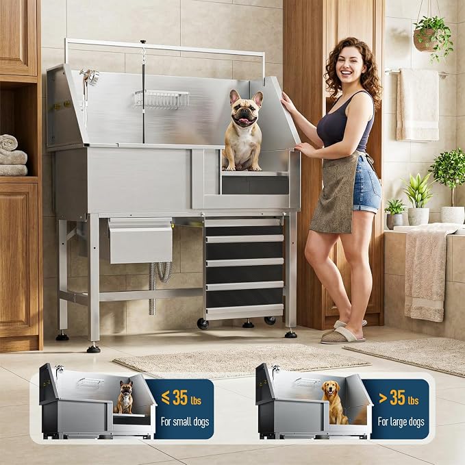 46" Dog Washing Station for Home,Professional Stainless Steel Dog Bathing Station Height Adjustable Do g Grooming Tub with Ramp, Drawer, Floor Grate & Fauct (Right R) - Image 3