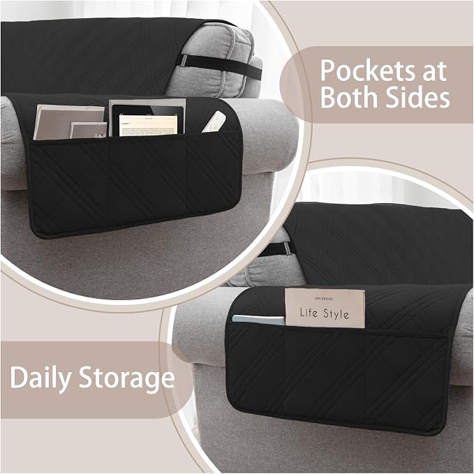 100% Waterproof Couch Cover for Dogs, Anti-Slip Washable Sofa Cover with Elastic Straps & Side Pockets, Durable Furniture Protector for Kids & Pets (Loveseat 46", Black) - Image 3
