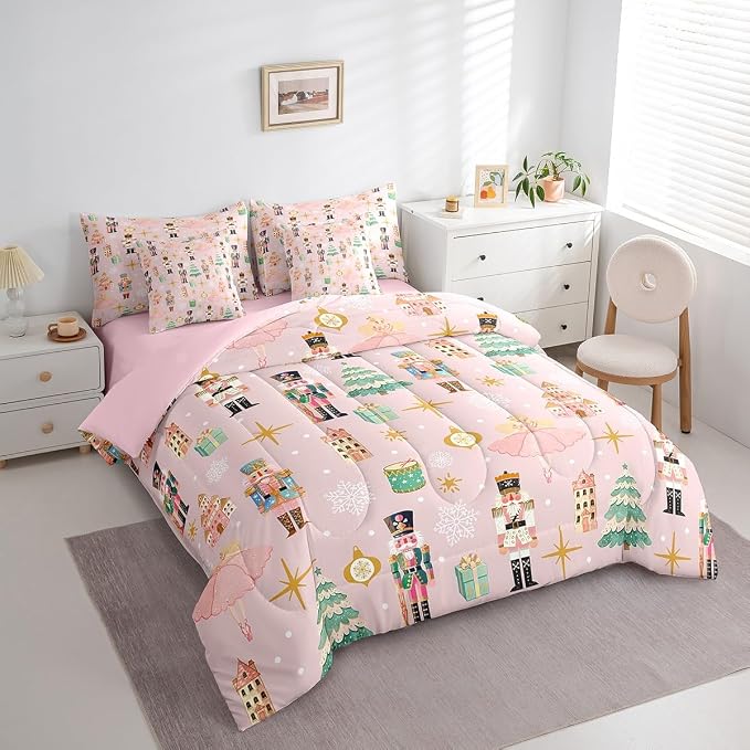 Erosebridal 7Pcs Pink Christmas Comforter Set Twin Size,Christmas Nutcracker Bedding Set,Dreamy Castle Princess Bed in A Bag,Xmas Galaxy Snow Quilt with Flat Fitted Sheet for Kids Boys Girls - Image 4