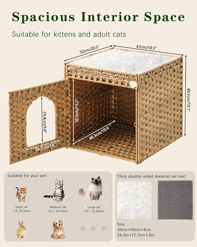 SETVSON Cat Beds for Indoor Cats Extra Large Double Cat Cave, Natural | Spacious Multi-Cat House, Furniture End Table Look, Soft Washable Cushion, Sturdy Metal Frame, 18.5x20.5x19.1 In Woven Cube - Image 6