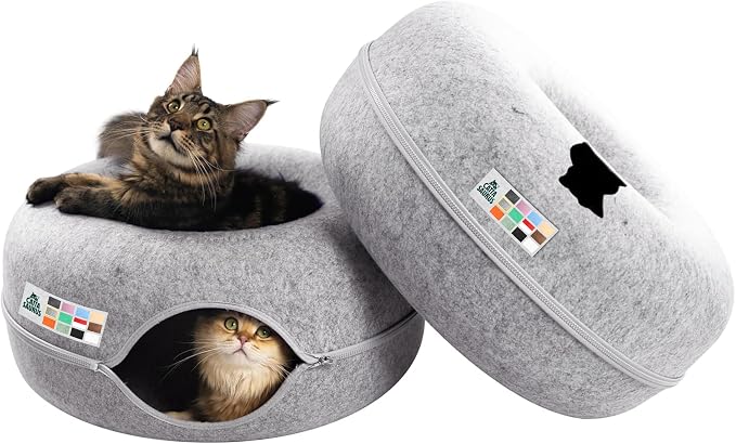 Cattasaurus Peekaboo Cat Cave Donut for Multiple & Large Cats up to 30-45 lbs, 3-in-1 Self Warming Cat Bed, Tunnel & Scratcher for Indoor Cats, Washable & Detachable (Light Gray + Light Gray, Large) by Cattasaurus