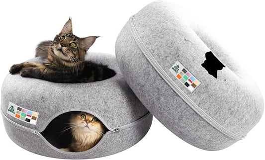 Cattasaurus Peekaboo Cat Cave Donut for Multiple & Large Cats up to 30-45 lbs, 3-in-1 Self Warming Cat Bed, Tunnel & Scratcher for Indoor Cats, Washable & Detachable (Light Gray + Light Gray, Large) by Cattasaurus