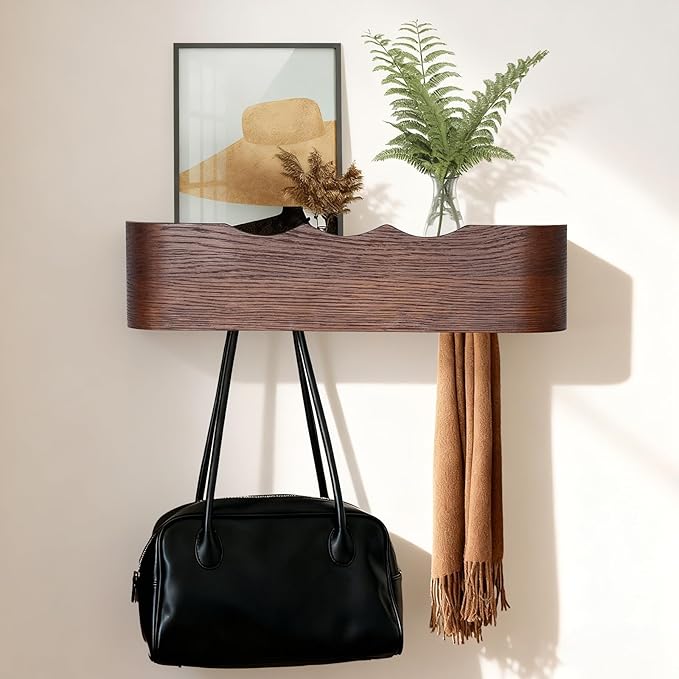 Coat Rack Wall Mount with Shelf Entryway Shelf Modern Key Holder Hanger Wall Shelves with Hidden Hooks for Hanging Towels Coats Hats Bags for Hallway Bathroom Bedroom(Wavy Walnut Color, 4 Hooks) by FURNAWAY