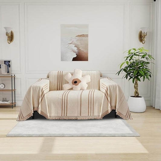 DREAMINGO Chenille Armchair Cover Jacquard Sofa Covers Washable Furniture Protector Recliner Couch Cover 1 Cushion Reversible Chair Cover Beige Coffee Striped Couch Cover Blanket 71"x 71" by DREAMINGO
