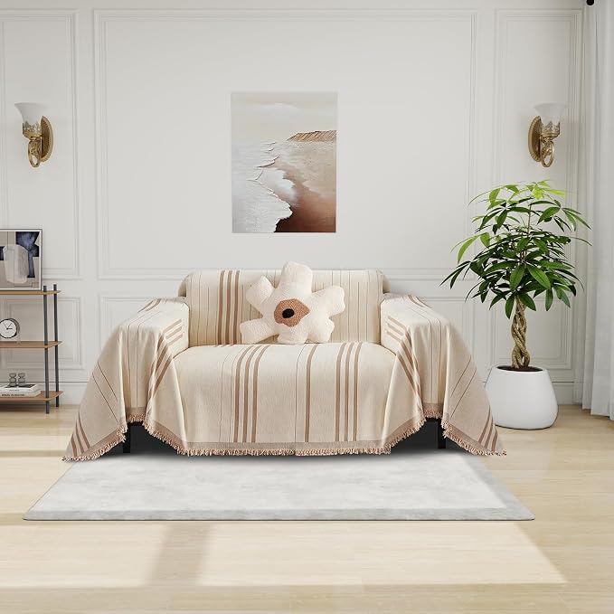 DREAMINGO Armchair Cover Washable Chenille Sofa Protector for Pet Kids Beige Coffee Chair Couch Covers for 1 Cushion Couch Stripe Jacquard Versatile Sofa Throw Slipcover for Futon Couch, 71"x91" by DREAMINGO