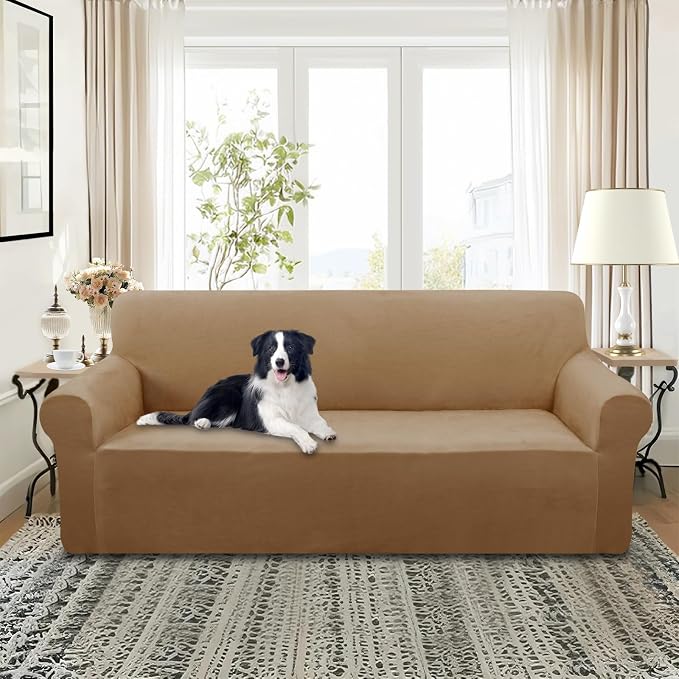 U-NICE HOME Velvet Sofa Covers Stretch Couch Covers for 3 Cushion Couch Furniture Protector Sofa Slipcover (Large, Camel) - Image 2