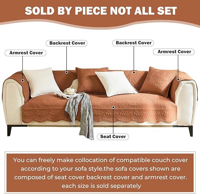 Leaf Floral Cotton Quilted Dog Couch Cover for Sofa Farmhouse Rustic Embroidered Sectional Couch Cover Soft Anti-Slip Sofa Slipcover Furniture Protector for Kids, Pets (Orange,28"x82") - Image 2