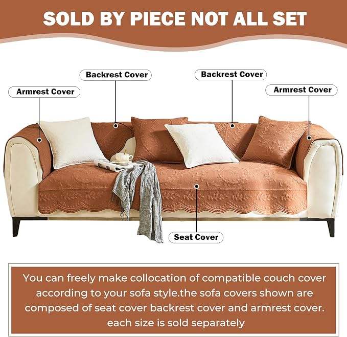 Leaf Floral Cotton Quilted Dog Couch Cover for Sofa Farmhouse Rustic Embroidered Sectional Couch Cover Soft Anti-Slip Sofa Slipcover Furniture Protector for Kids, Pets (Orange,36"x36") - Image 2