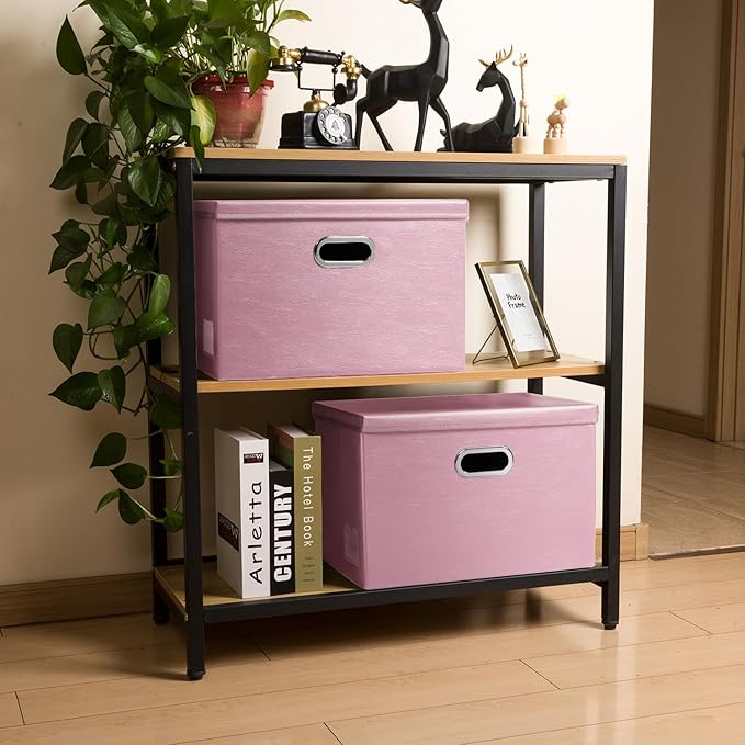 PRANDOM Large Stackable Storage Bins with Lids [3-Pack] Leather Fabric Foldable Storage Boxes Organizer Containers Baskets Cube with Cover for Bedroom Closet Office Nursery Pink (17.7x11.8x11.8) - Image 3