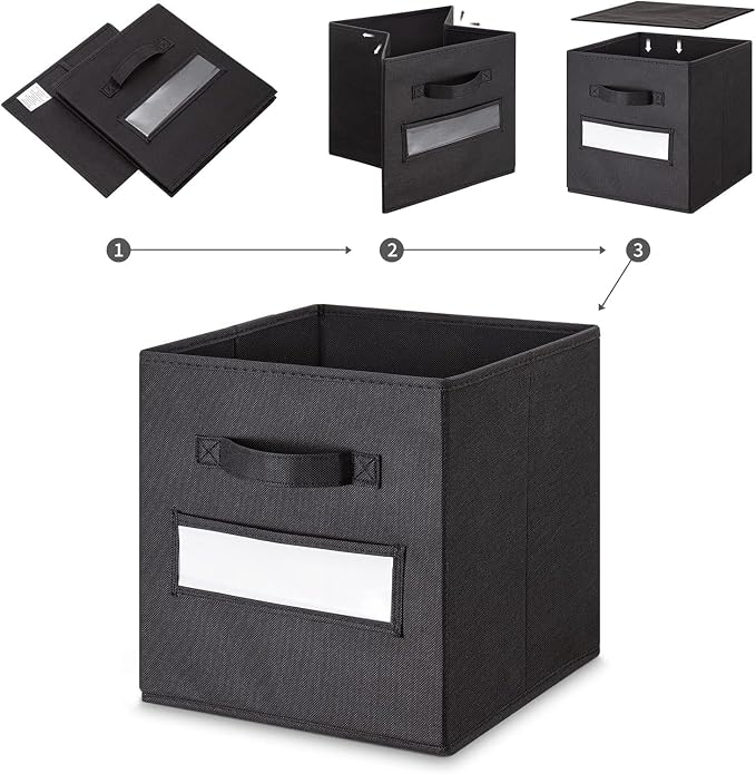 13x13x13 storage cube bins (Set of 10) Fabric storage cubes with 10 Labels Window Cards & a Pen, storage cubes 13x13, Collapsible 13 inch cube storage bins, Cubby Organizer Boxes, Black - Image 4