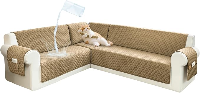 Sectional Couch Covers for Dogs 100% Waterproof Corner L Shaped Sofa Cover Pet Friendly Velvet Washable Anti Slip L Shape Modular Sofa Slipcover Protector with Pockets (Light Brown, X-Large) by SYJOVIA