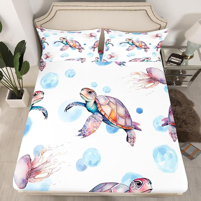 Tropical Sea Turtle Fitted Sheet & Pillow Sham Set, Coastal Printed 4 Piece Soft Bedding Decor Set with Flat Sheet, Queen, Blue Red White - Image 2