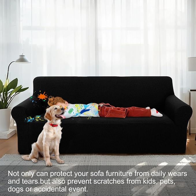 Stretch Couch Covers for Sofa Washable, Large, Black | 3seat sofa covers for 3 cushion couch, Furniture Protector Couch Slipcover cubre sillones para sala for Kids, Dogs - Image 3