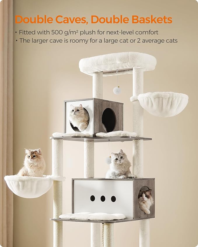 Feandrea Cat Tree, 75.6-Inch Modern Cat Tower, Tall Multi-Level Condo with 2 Caves, 2 Hammocks, 4 Scratching Posts, Self-Groomer, Tunnel, Perch, Heather Greige UPCT193G01