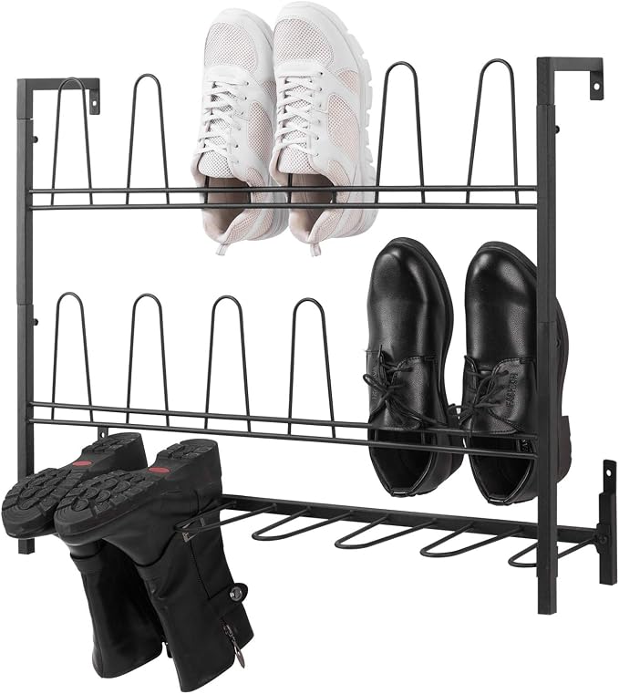 MyGift Black Metal Wall Mounted Shoe Rack Organizer, Holds 9 Pairs | Vertical storage helps clear floor space while keeping footwear neatly arranged and accessible in dressing areas or closets by MyGiftHome