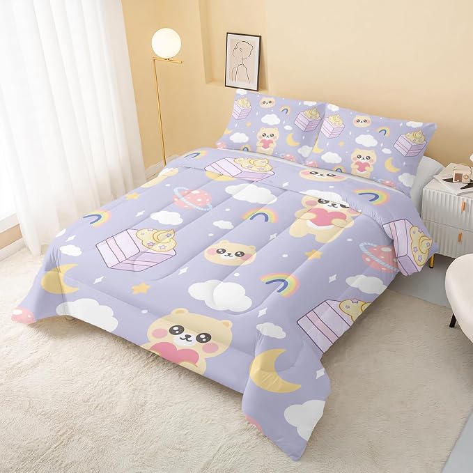QOOMO Bear Comforter Twin Size,Kawaii Bedding Set for Kids Teens Girls,3Pcs Bedding Set Printed Comforter with 2 Pillowcases,Down Alternative,Soft and Lightweigh，Twin Size - Image 3