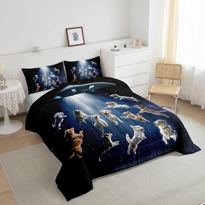 Feelyou Puppy Dog Comforter Set Outer Space Cute Bedding Set Galaxy Nebula Pet Dogs DecorAnimal Comforter Gorgeous Lovely Animals Quilt Collection 3Pcs Queen Size - Image 4
