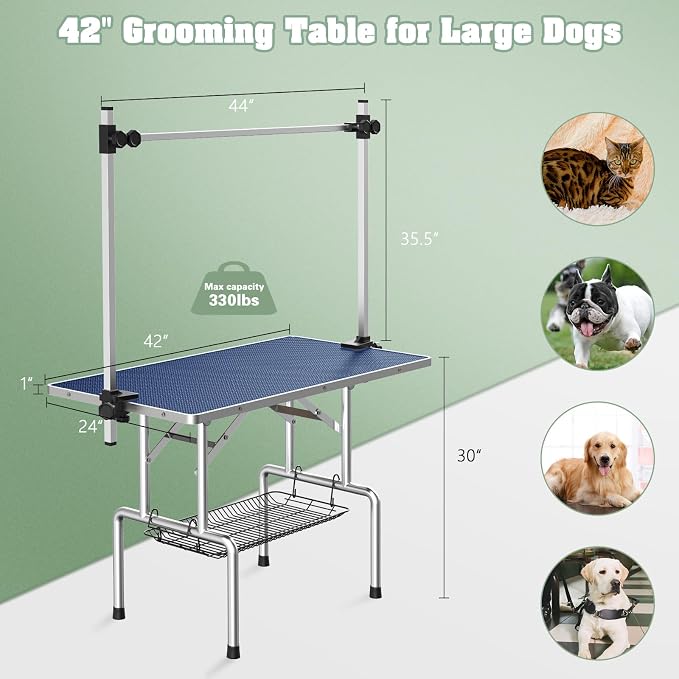 Lyromix 42'' Stainless Steel Pet Dog Grooming Table, Arm/Noose/Tray, Blue | Foldable Dog Grooming Table for Dogs at Home, Adjustable Height Arm, Non-Slip Waterproof Tabletop, Capacity 330Lb - Image 2