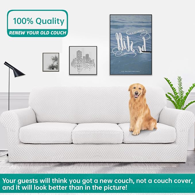 YEMYHOM Latest Checkered 4 Pieces Couch Covers for 3 Cushion Couch High Stretch Thickened Sofa Cover for Dogs Pets Elastic Slipcovers Living Room Furniture Protector (White), 71"-91"(3 Cushions) - Image 2