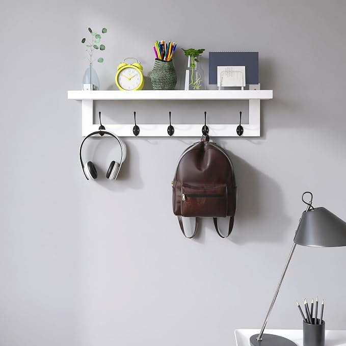SMIBUY Coat Hooks with Shelf Wall-Mounted, 29.2 Inch Entryway Coat Rack for Wall, Bamboo Hanging Shelf with 5 Double Metal Hooks for Bathroom, Bedroom, Kitchen, Living Room (White + Black) - Image 3
